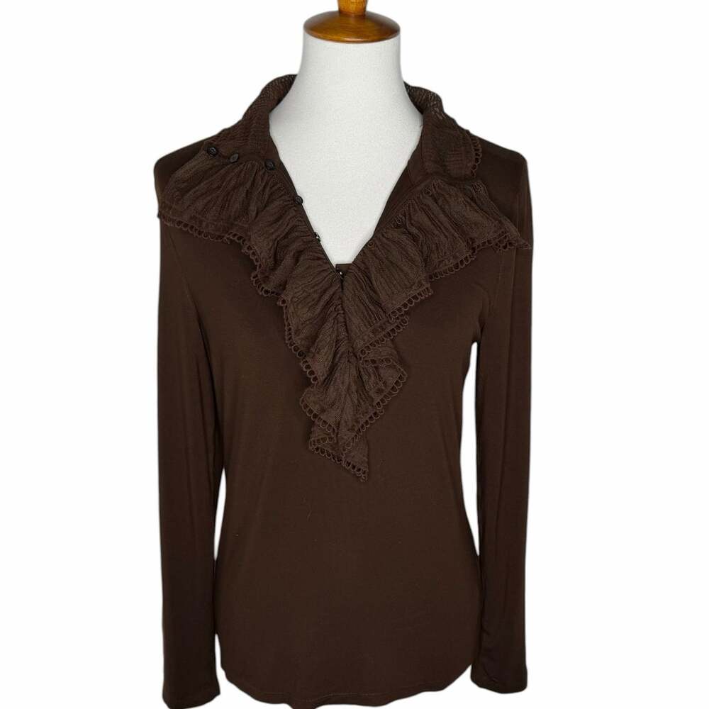 Lauren Ralph Lauren Large Ruffle Front Top Chocolate Brown Romantic Victorian